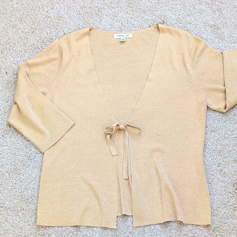 COLDWATER CREEK Gold Metallic Shimmer Tie Front Knit Cardigan Sweater M